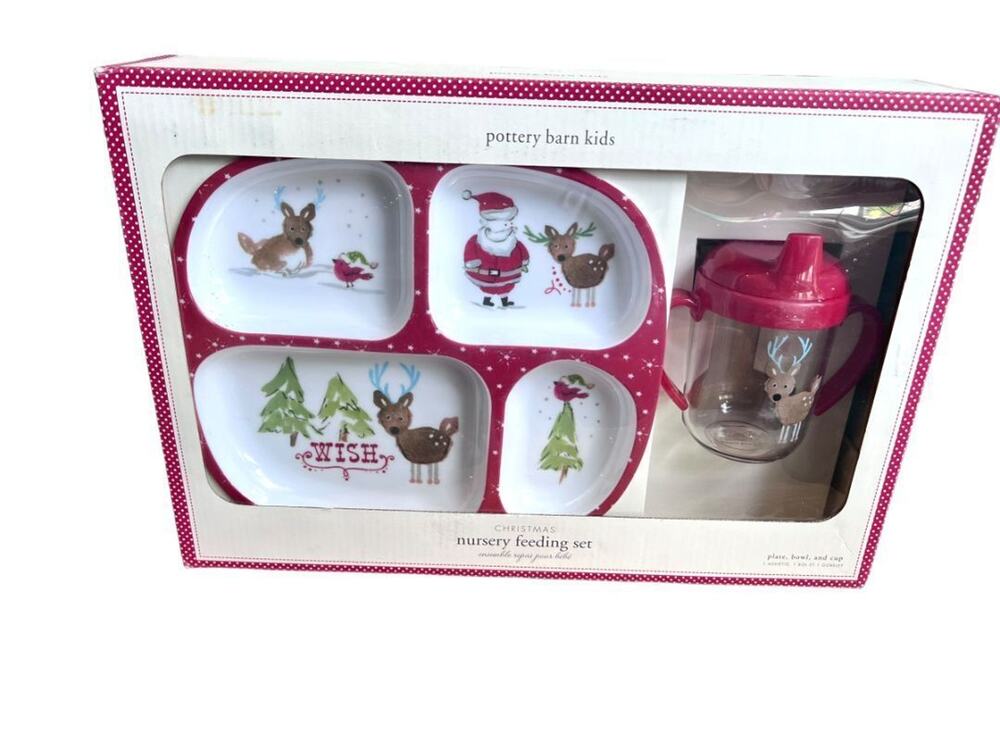 Pottery Barn Kids Christmas Holiday Plate Set Divided Plate Bowl Sippy Cup Santa